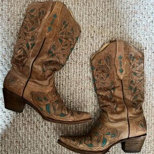 Tony Lama Women’s Cowgirl Boots Size 10 Leather Turquoise Inlay